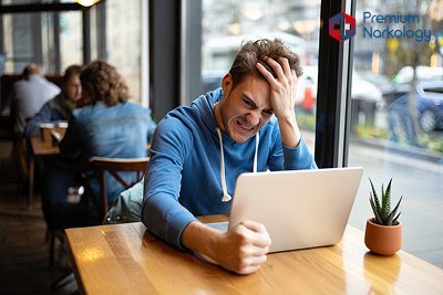 Мужчина сидит перед ноутбуком